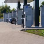 Contemporary outdoor electric vehicle charging station with sleek design and innovative technology for clean energy.