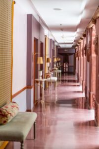 Explore the elegance of a heritage hotel corridor in Bikaner, showcasing luxurious Rajasthani design.