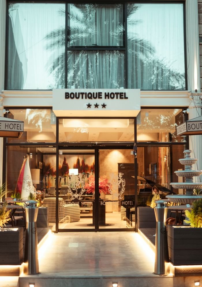 Boutique Hotel Charming entrance of a boutique hotel in Baghdad, offering a welcoming atmosphere.