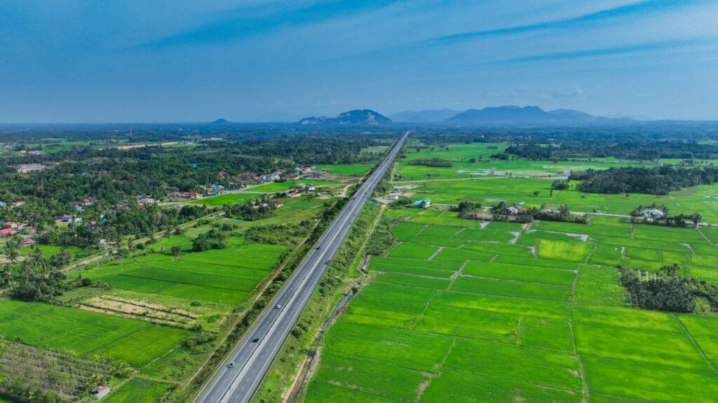 Highway Land Aerial view showcasing lush green rice fields and a highway i