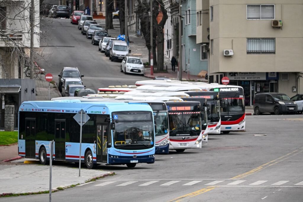 Public buses lined up on a city street in Montevideo, Uruguay on a cloudy day.