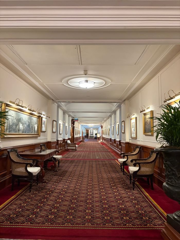 Luxury hotel Luxurious hallway interior with elegant decor and classic furniture, creating a sophisticated atmosphere in New Delhi, India.